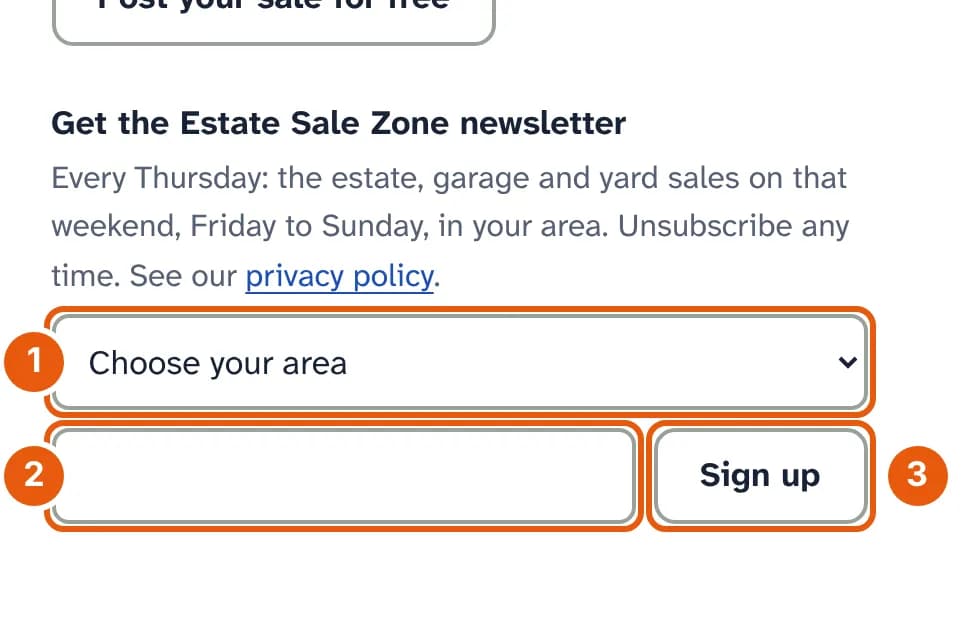 The newsletter sign-up at the bottom of the page: an area list reading Choose your area, an email box and a Sign up button.