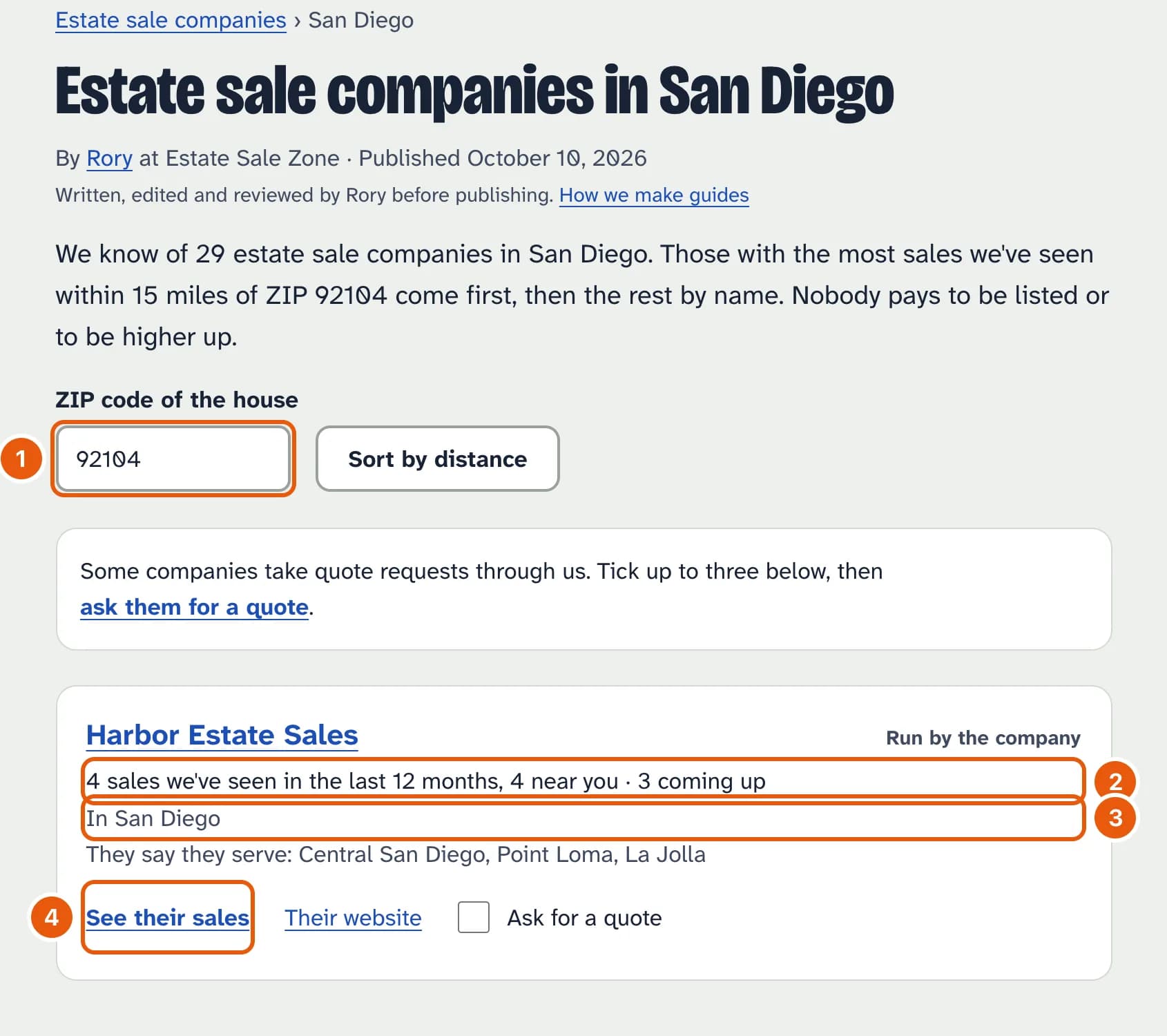 The San Diego companies page: a ZIP box, and company cards each showing how many sales we've seen in the last 12 months and near the ZIP, the towns, and links See their sales and Their website.