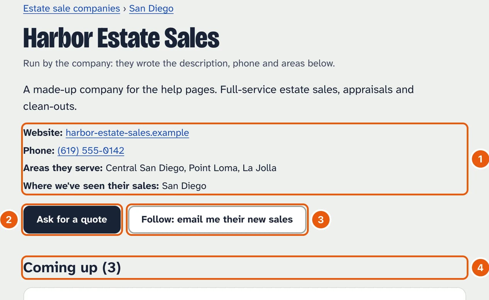 A company's page: its name, website, the towns of its sales, buttons Ask for a quote and Follow, and its upcoming sales.