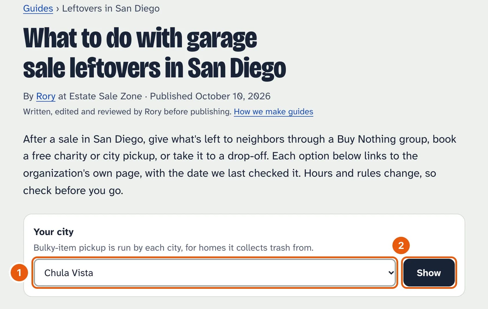 The top of the San Diego page: an introduction, and a Your city list with Chula Vista chosen and a Show button.