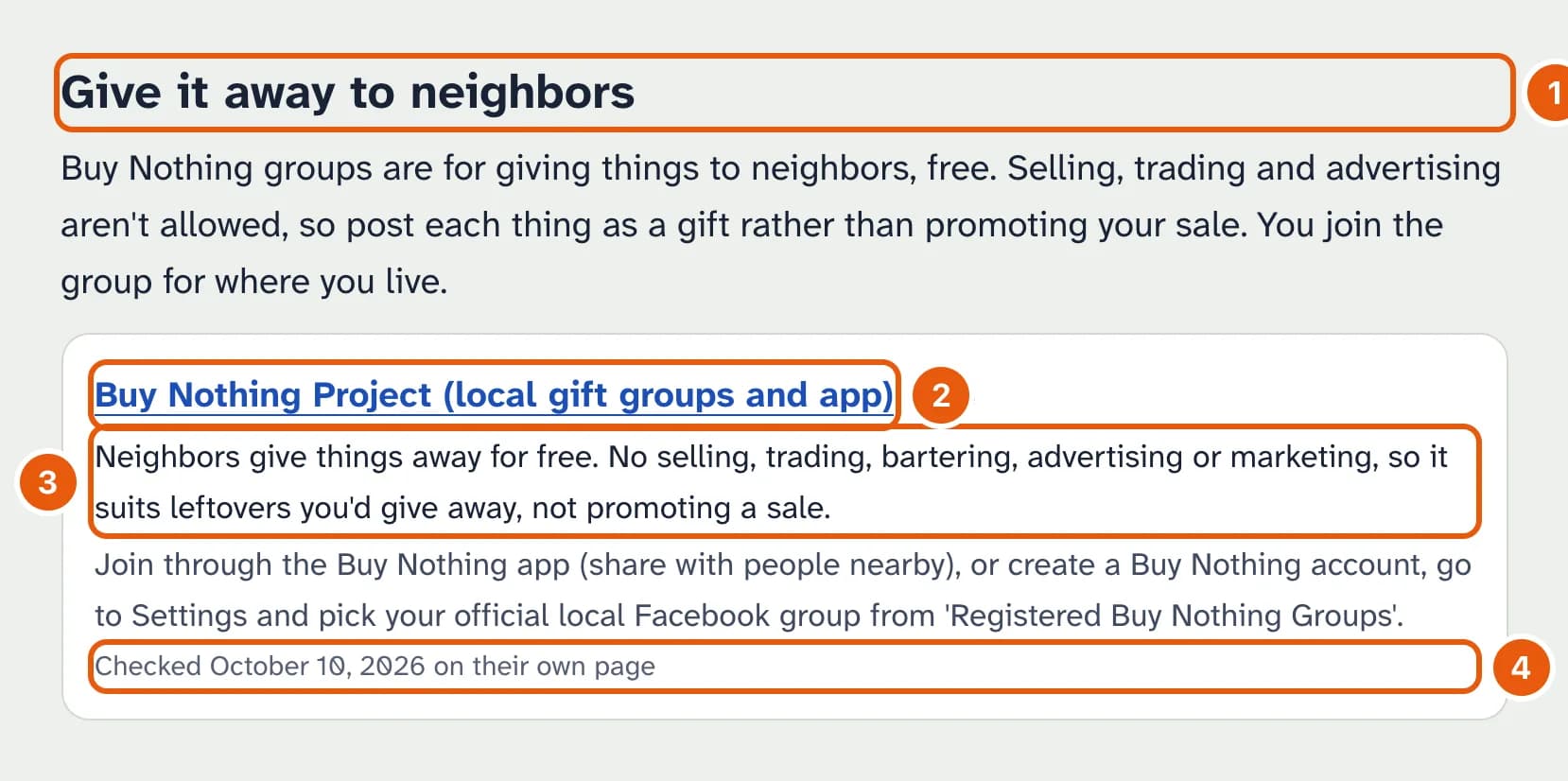The Give it away to neighbors group, explaining Buy Nothing's rules, with the Buy Nothing Project entry: Free, a summary, how to join and the date it was checked.