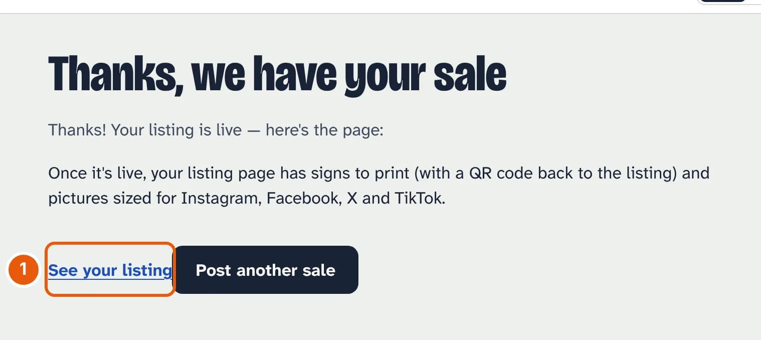 The page headed Thanks, we have your sale, saying the listing is live, with a See your listing link and a Post another sale button.