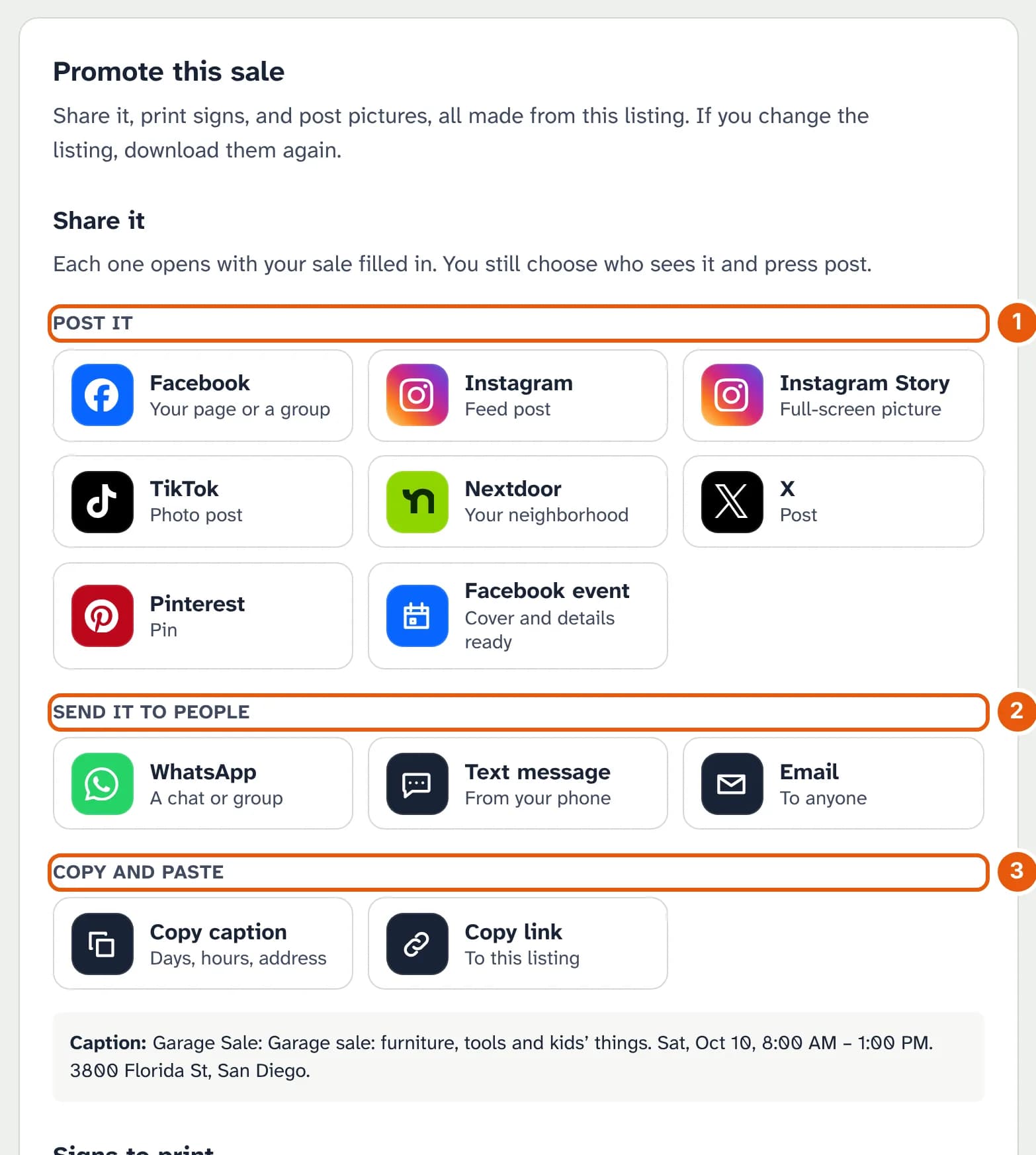 The Promote this sale section: buttons under Post it for Facebook, Instagram, Instagram Story, TikTok, Nextdoor, X, Pinterest and a Facebook event; under Send it to people for WhatsApp, Text message and Email; and under Copy and paste for Copy caption and Copy link.