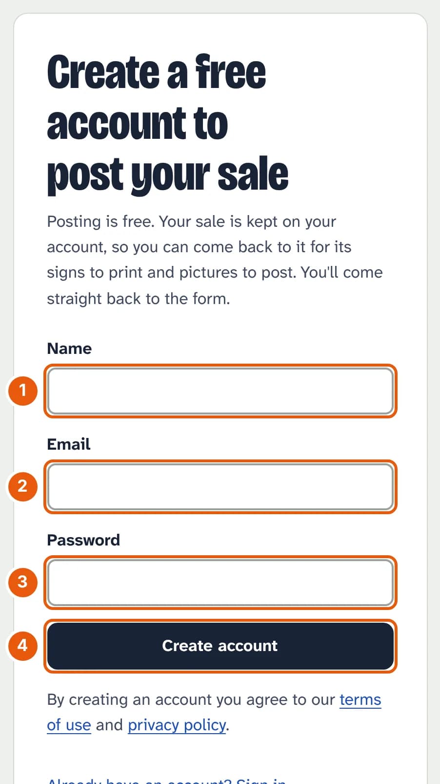 The page headed Create a free account to post your sale, with Name, Email and Password boxes and a Create account button.