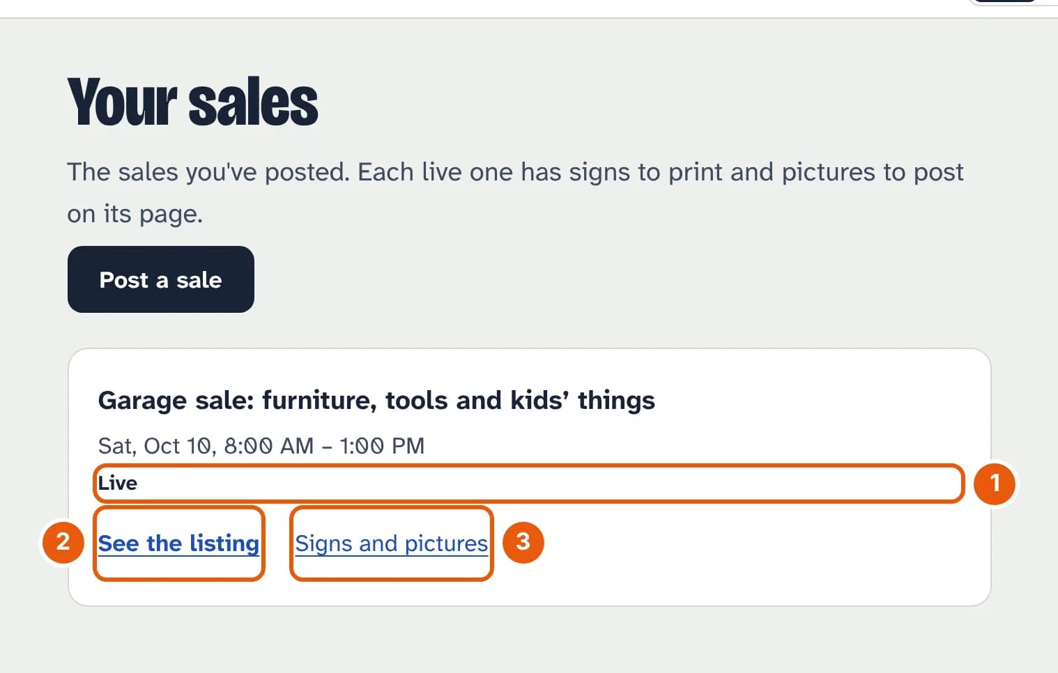The Your sales page with one sale, marked Live, and links See the listing and Signs and pictures.