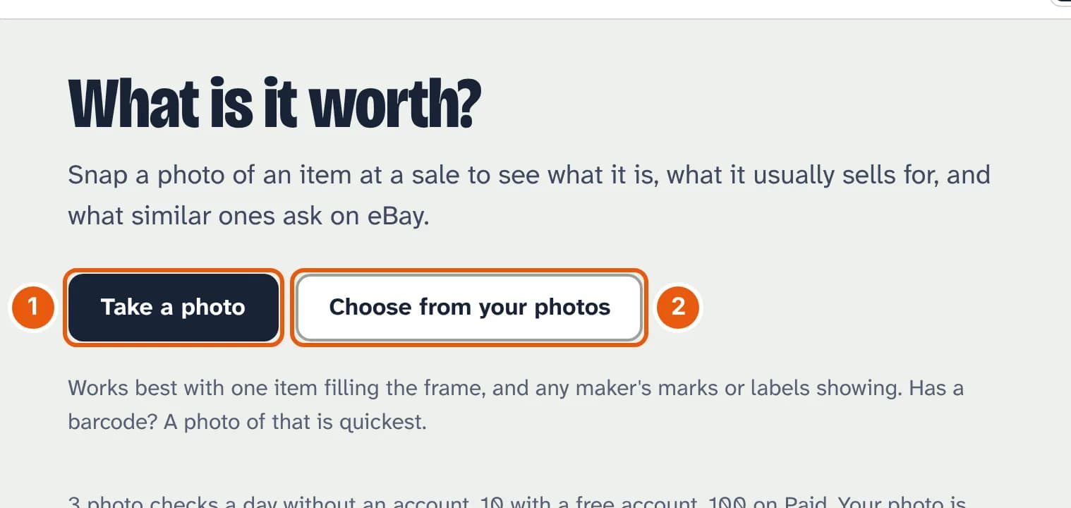 The What is it worth? page, with a Take a photo button and a Choose from your photos button, and the hint Works best with one item filling the frame.