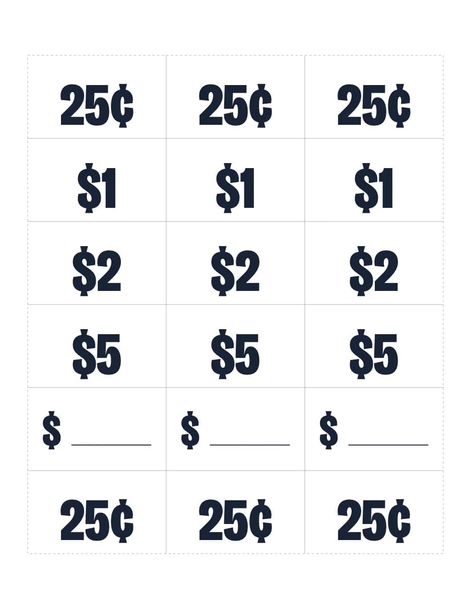 A sheet of price tags with dashed cut lines: rows of 25¢, $1, $2 and $5 in large letters, and a row of blank tags with a dollar sign and a line to write on.