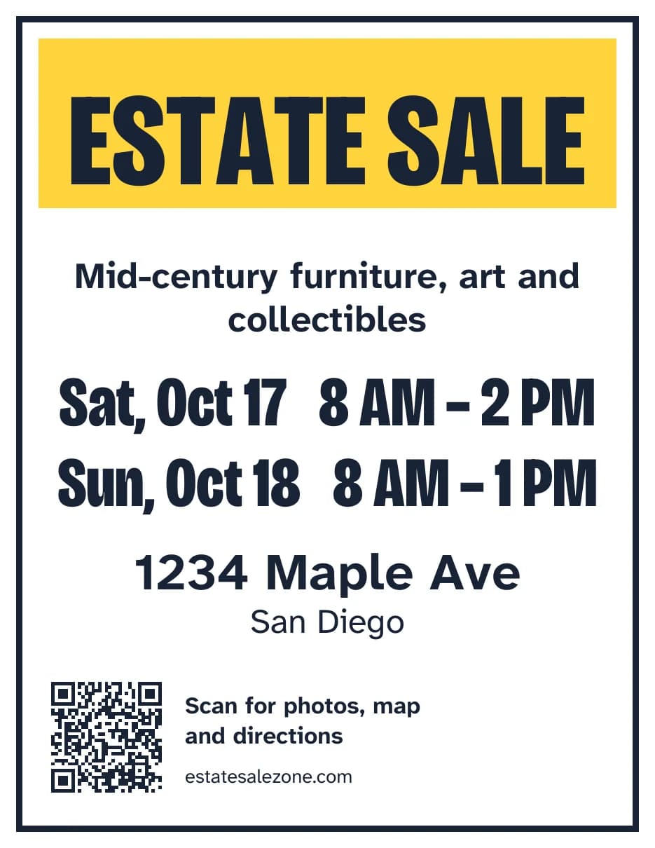 A printable estate sale sign: ESTATE SALE on a yellow band, the sale's title, its days and hours, the address and a QR code.