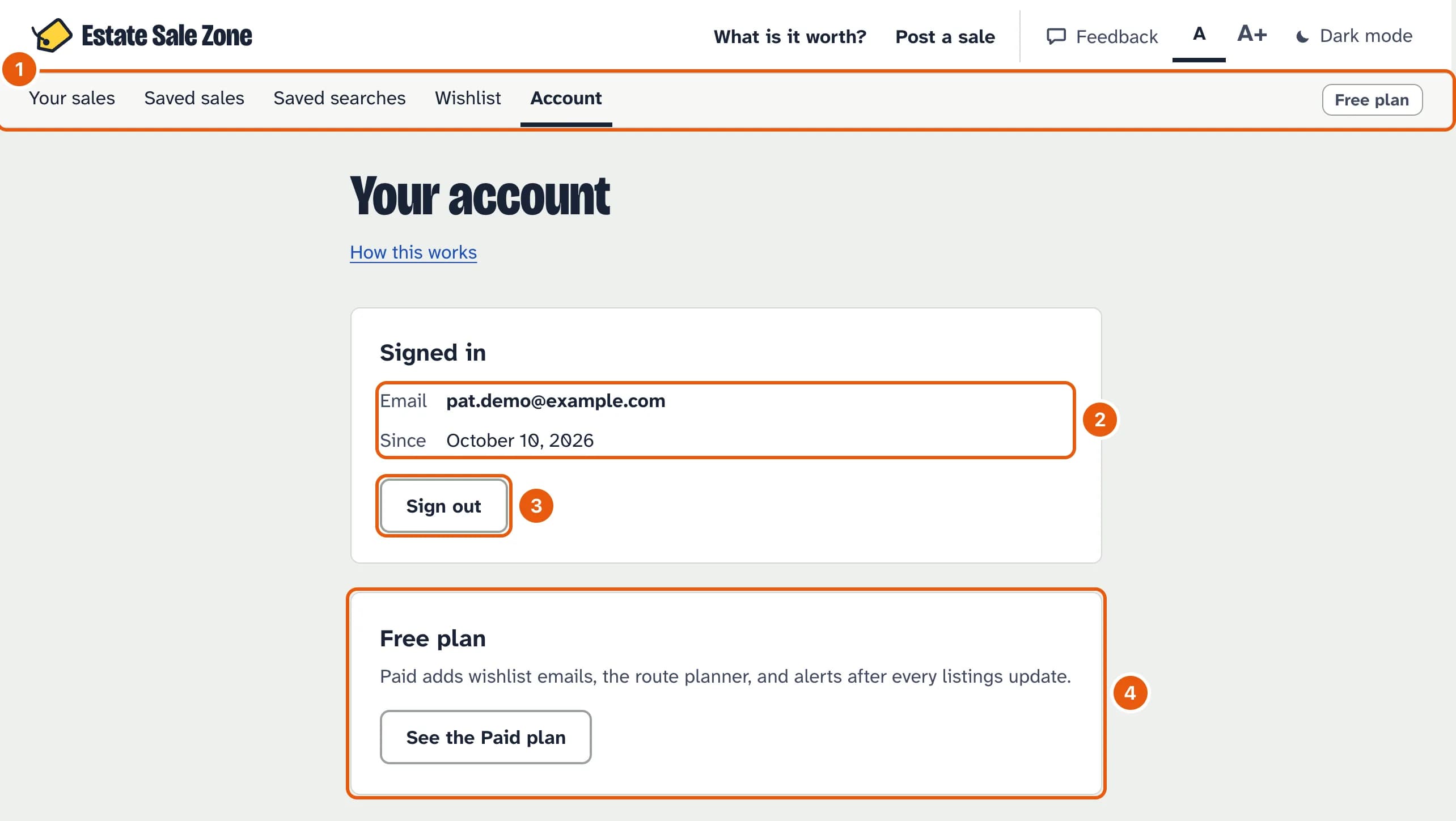 The bar under the header with Your sales, Saved sales, Saved searches, Wishlist, Account and a Free plan button at the right, and below it the Your account page: a Signed in box with the email pat.demo@example.com, the date the account was made and a Sign out button, and a Free plan box with a See the Paid plan button.