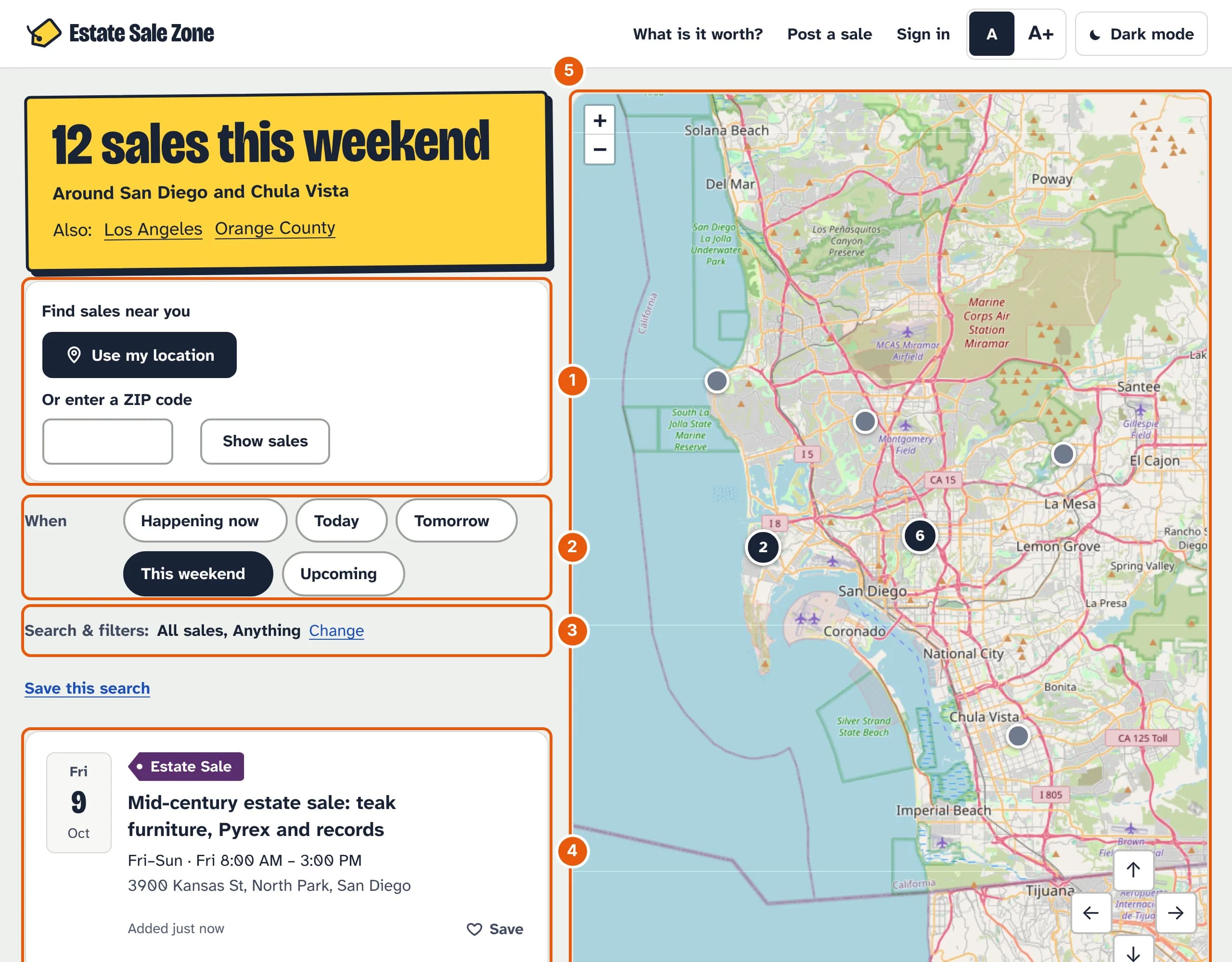 The Estate Sale Zone home page on a computer: a yellow sign reading 12 sales this weekend, Around San Diego and Chula Vista; a Find sales near you panel; buttons for when; a Search and filters line; the first sale in the list; and a map of San Diego with pins.