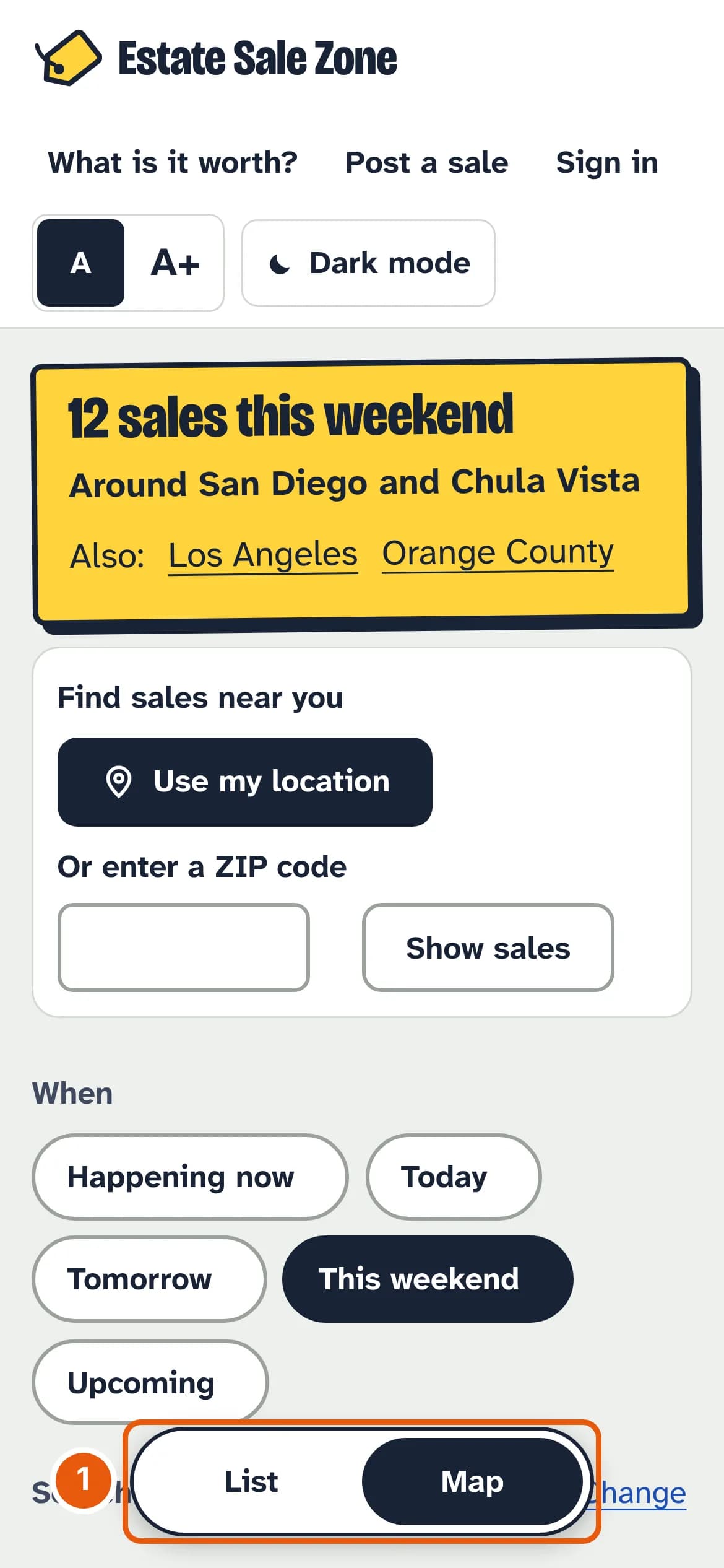 The home page on a phone, with List and Map buttons fixed at the bottom of the screen.