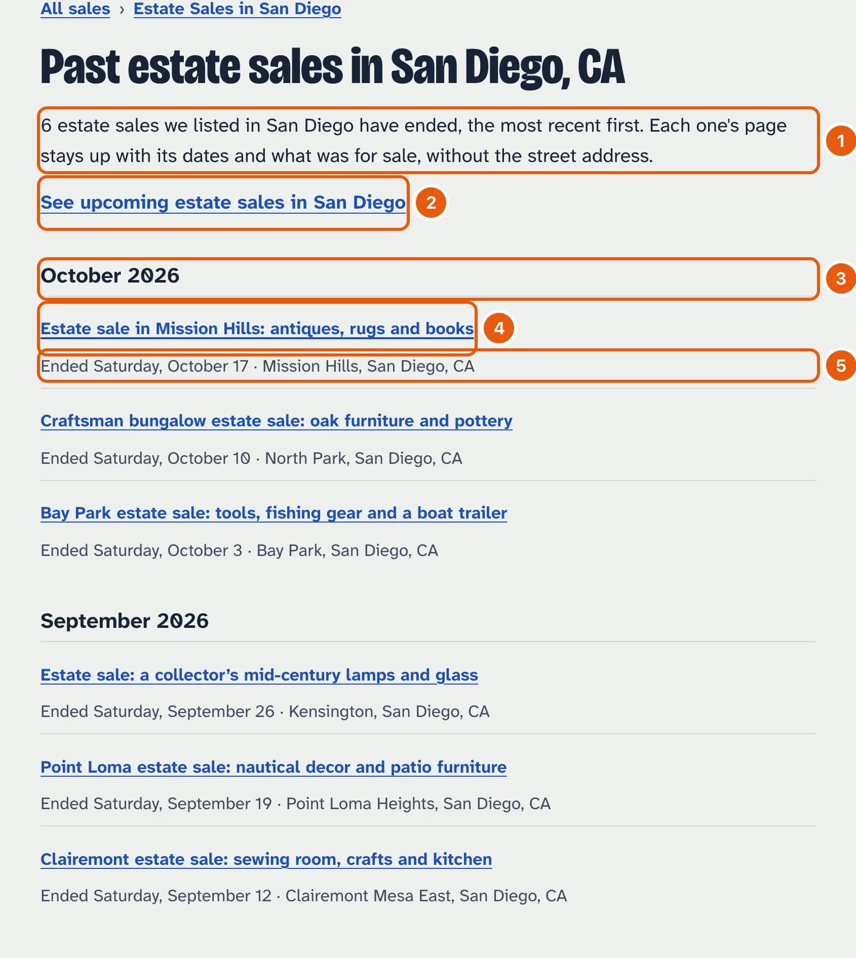 Past estate sales in San Diego, CA: a line saying how many have ended, a link to upcoming estate sales in San Diego, then the sales under month headings, each with its title and the day it ended and its neighborhood.