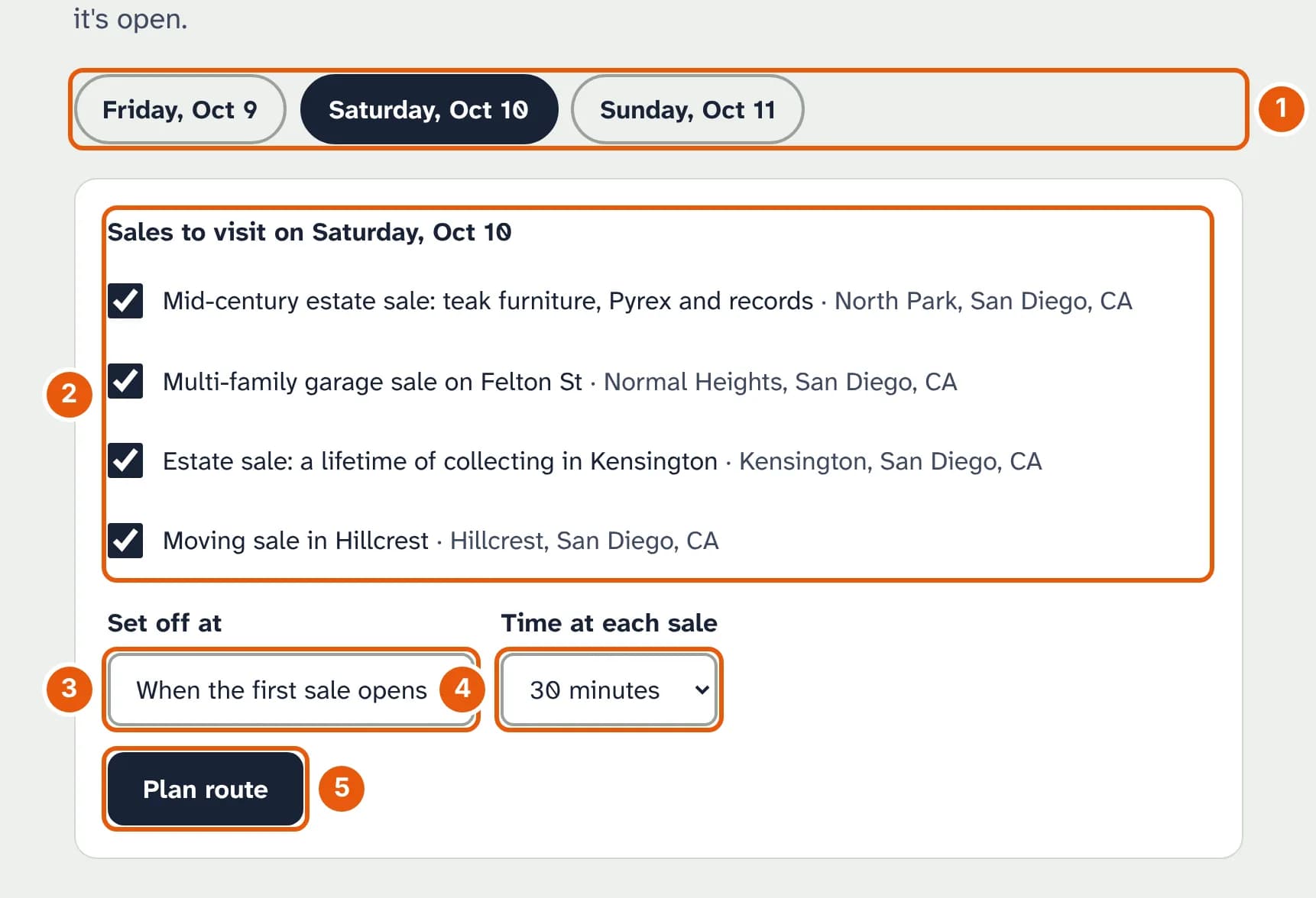 The route planner: day buttons for Friday, Saturday and Sunday with Saturday chosen, four saved sales ticked, Set off at When the first sale opens, Time at each sale 30 minutes, and a Plan route button.