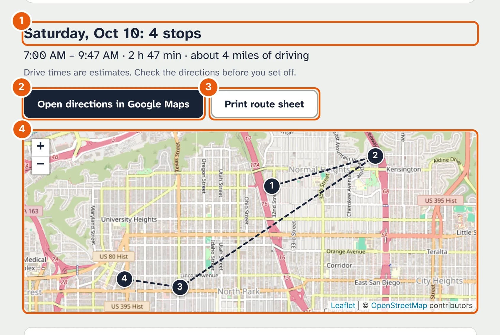A planned route: Saturday, Oct 10: 4 stops, 7:00 AM to 9:47 AM, about 4 miles of driving, with buttons Open directions in Google Maps and Print route sheet, and a map with the four stops numbered and joined by a dashed line.