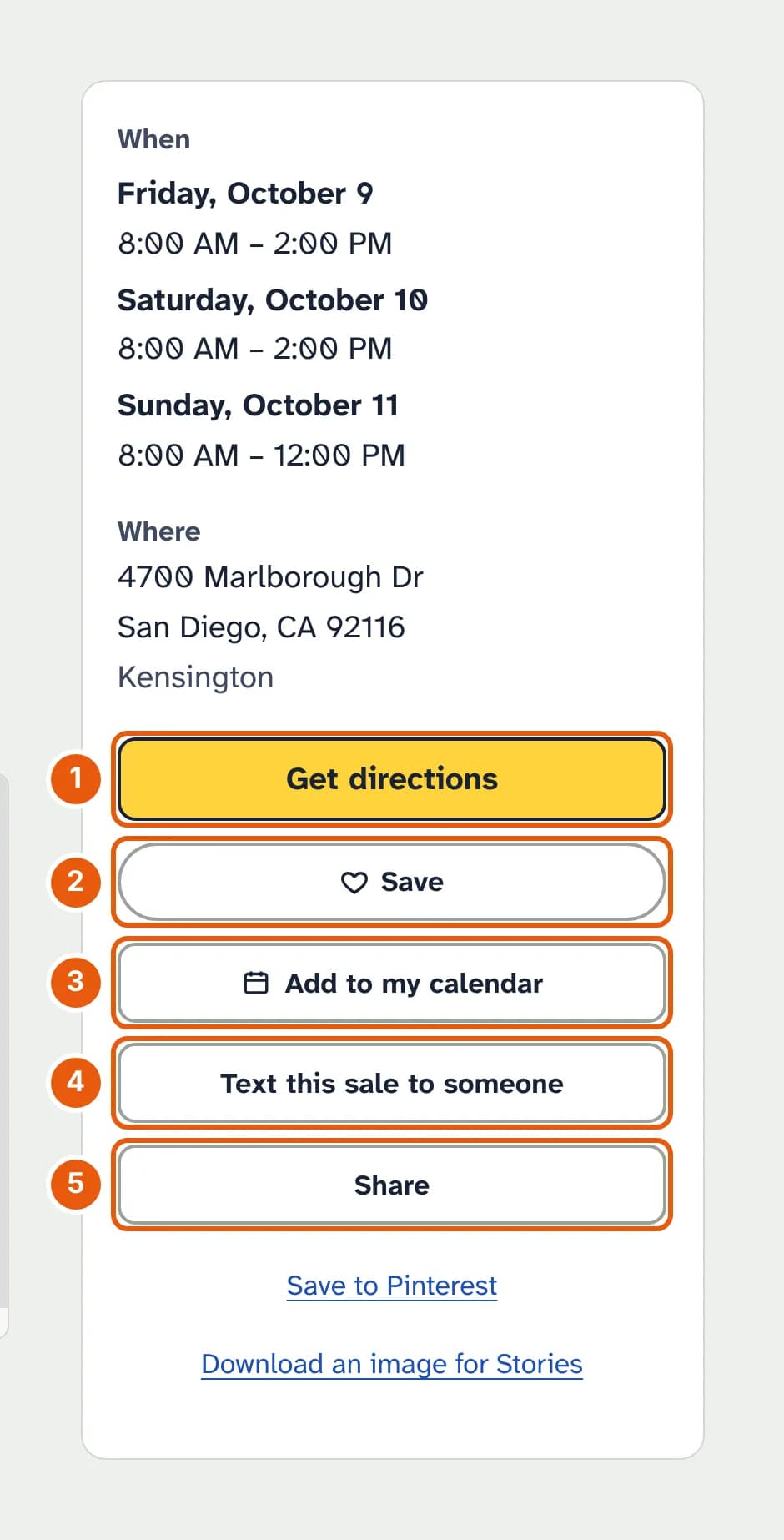 The When and where box on a sale's page: Friday to Sunday with hours, the address 4700 Marlborough Dr, San Diego, and buttons for Get directions, Save, Add to my calendar, Text this sale to someone and Share.
