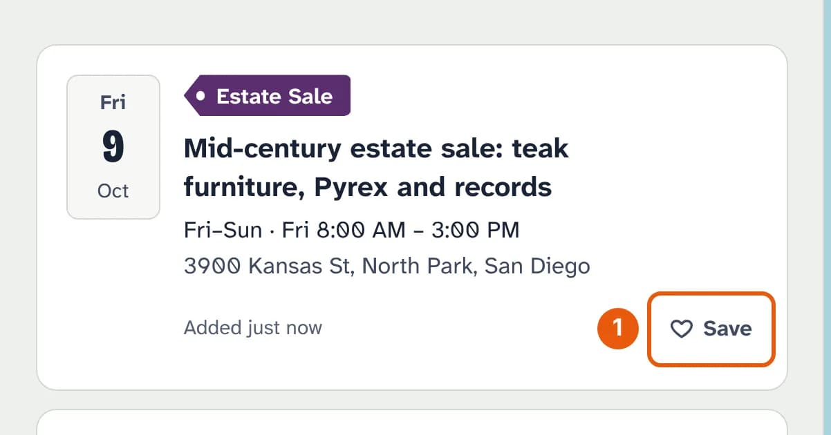 A sale in the list, Mid-century estate sale, with the Save button in its corner.