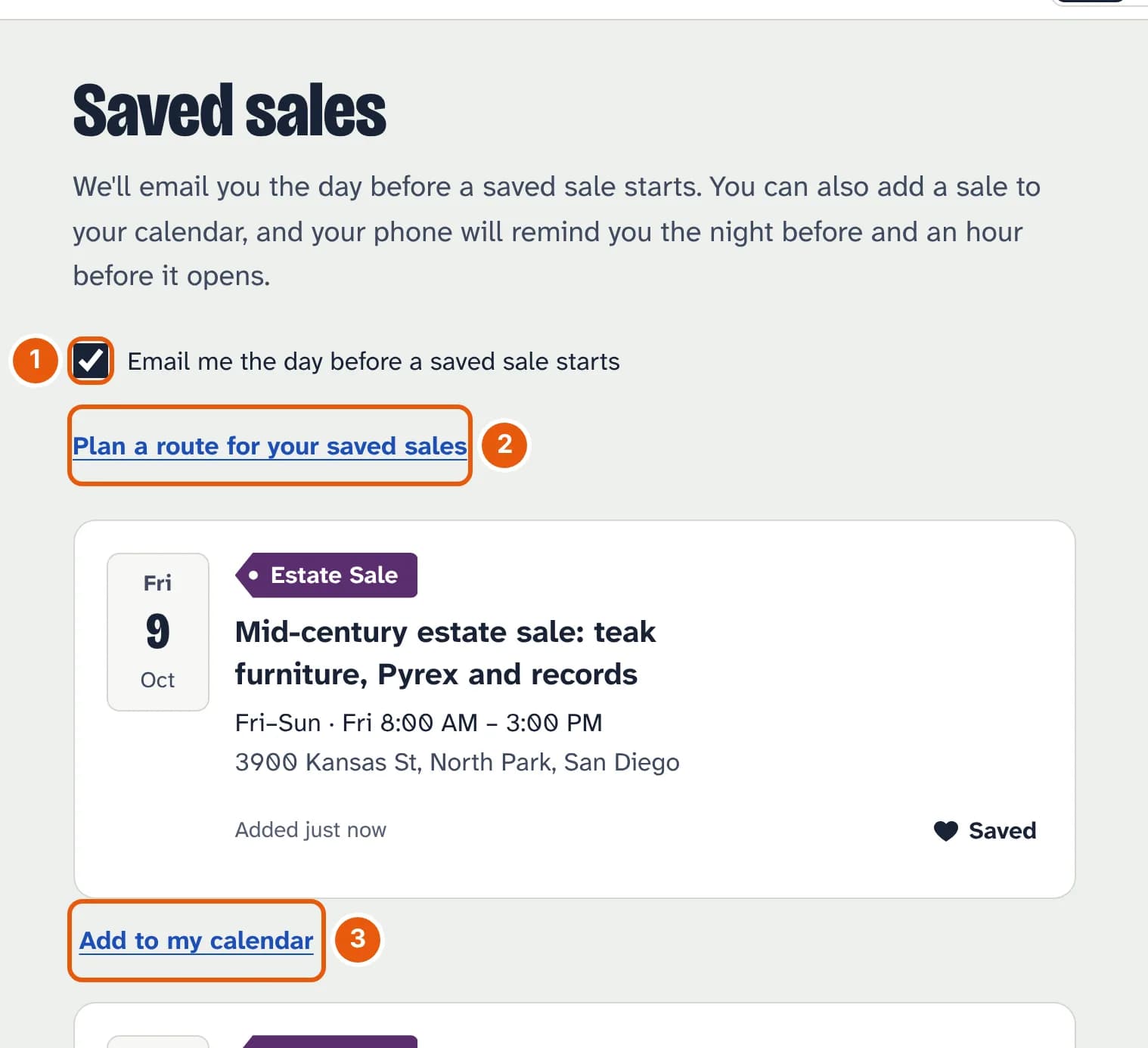 The Saved sales page: a ticked box reading Email me the day before a saved sale starts, a Plan a route for your saved sales link, and the first saved sale with an Add to my calendar link under it.