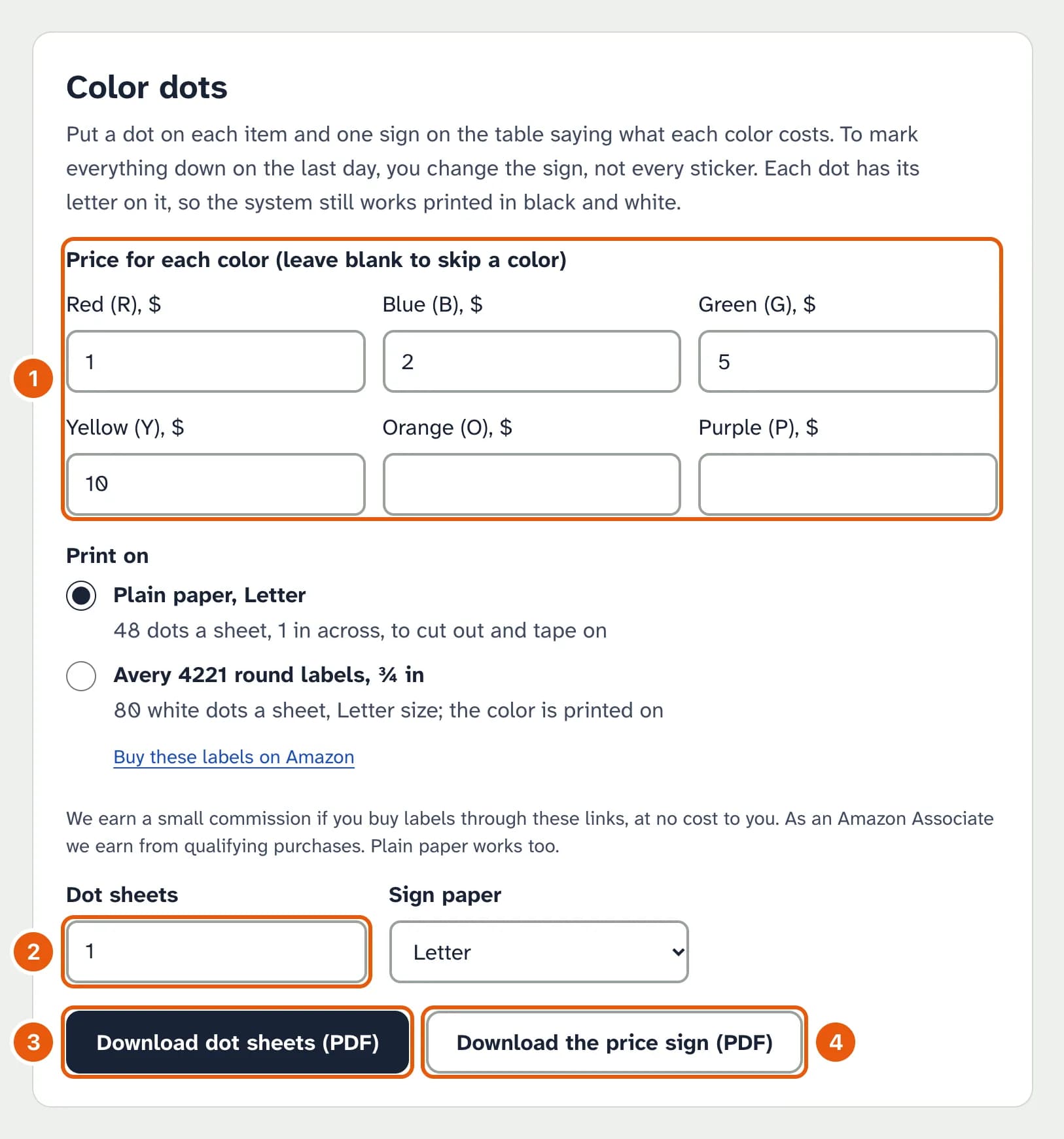 The Color dots form: a price box for red, blue, green, yellow, orange and purple, the paper choice, the number of dot sheets, the paper for the sign, and two buttons, Download dot sheets and Download the price sign.