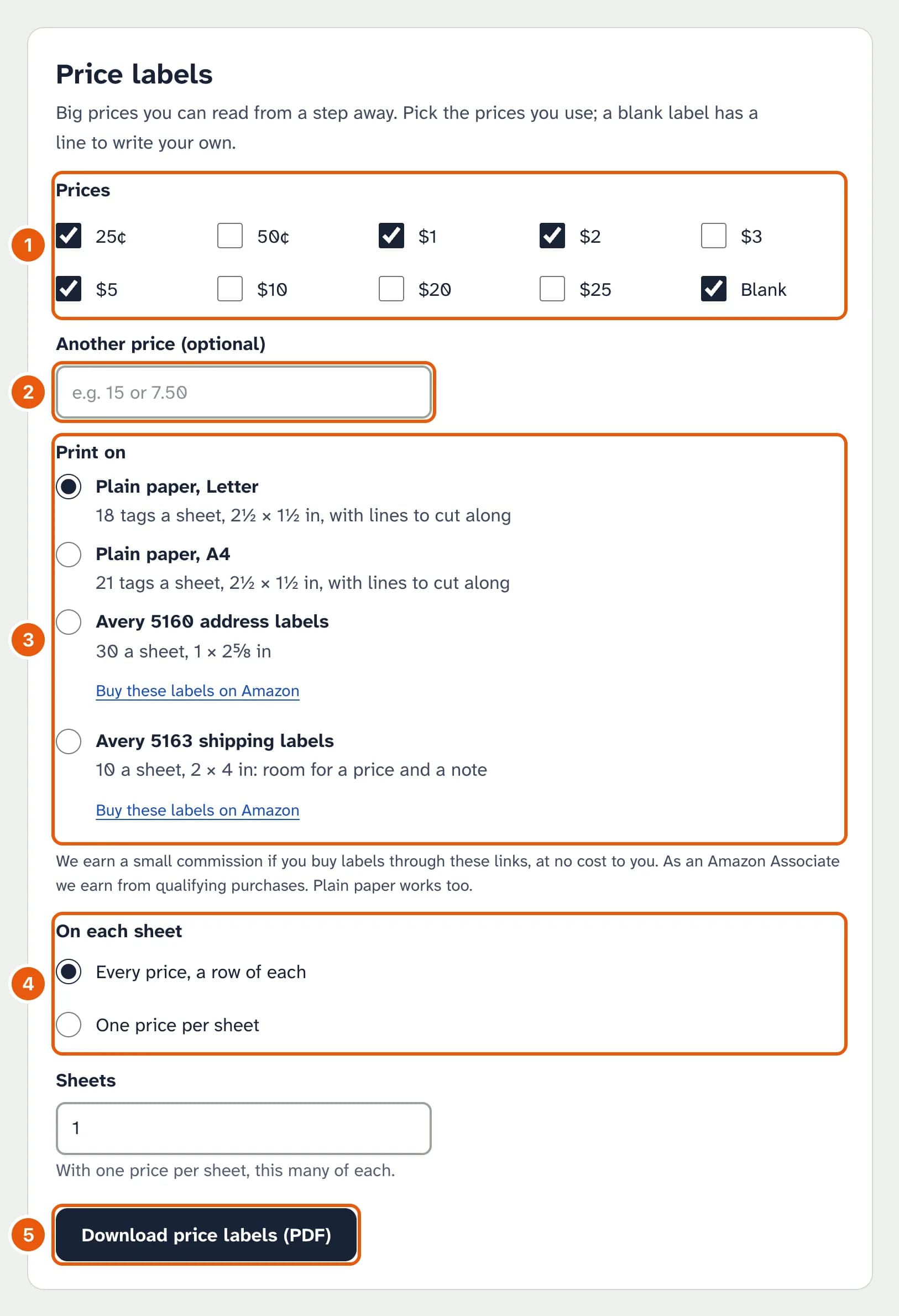 The Price labels form: price checkboxes from 25¢ to $25 and Blank, a box for another price, a choice of plain Letter or A4 paper, a choice of every price on each sheet or one price per sheet, the number of sheets, and the Download price labels button.