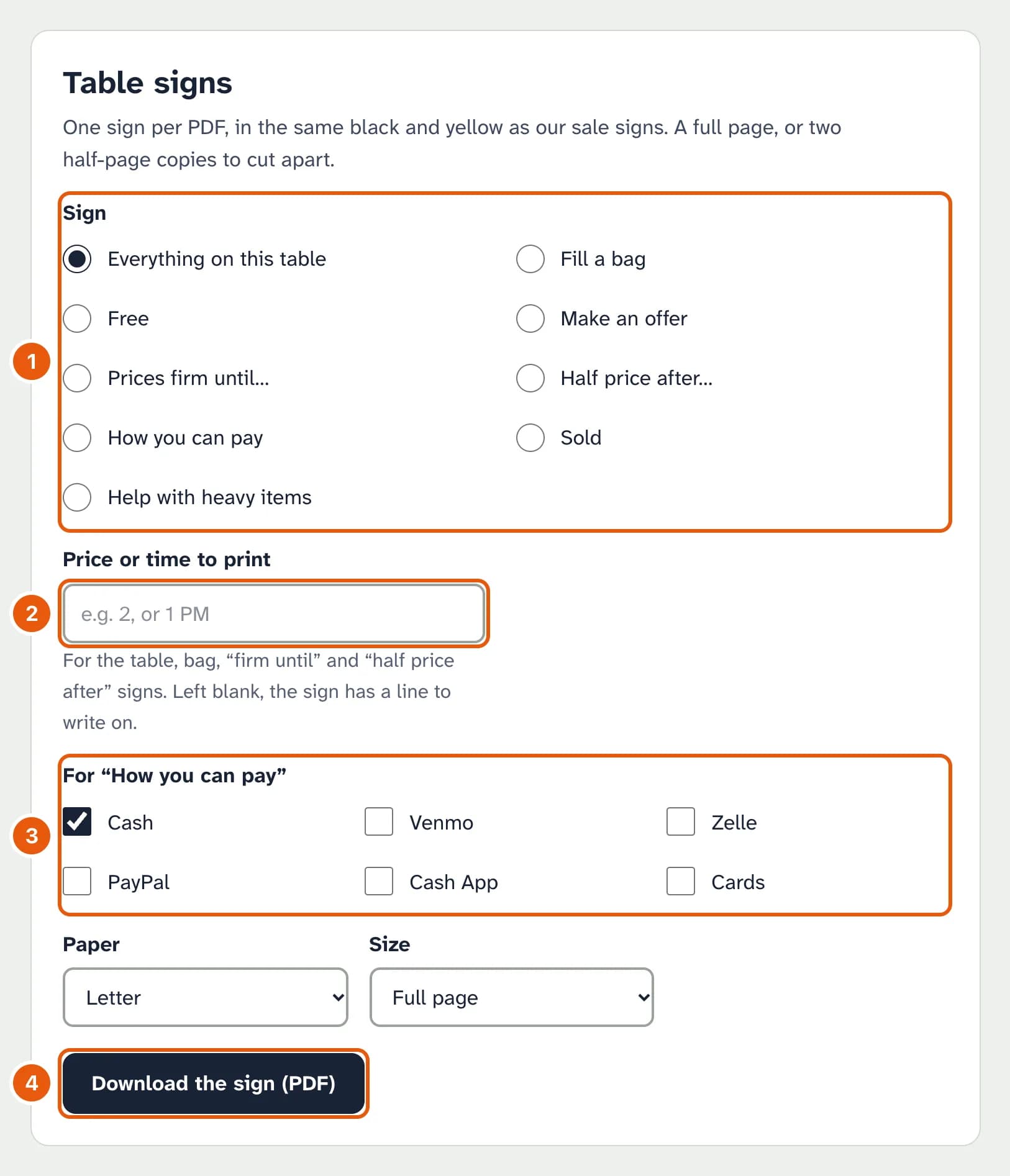 The Table signs form: a list of signs including Everything on this table, Fill a bag, Free, Make an offer and Sold, a box for the price or time, payment checkboxes, the paper and size, and the Download the sign button.